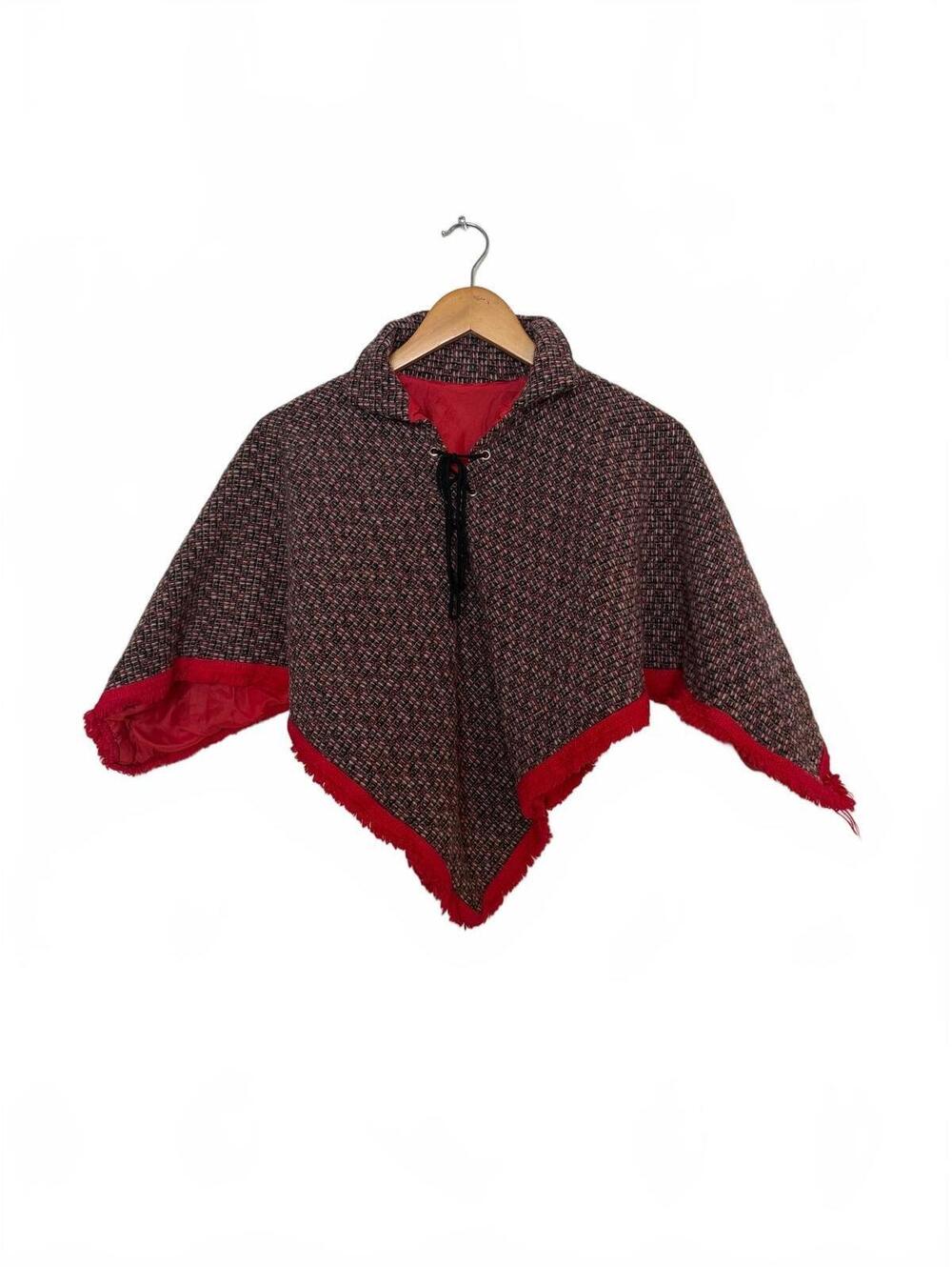Vintage Style Red and Brown Wool Blend Cape with Fringed Hem